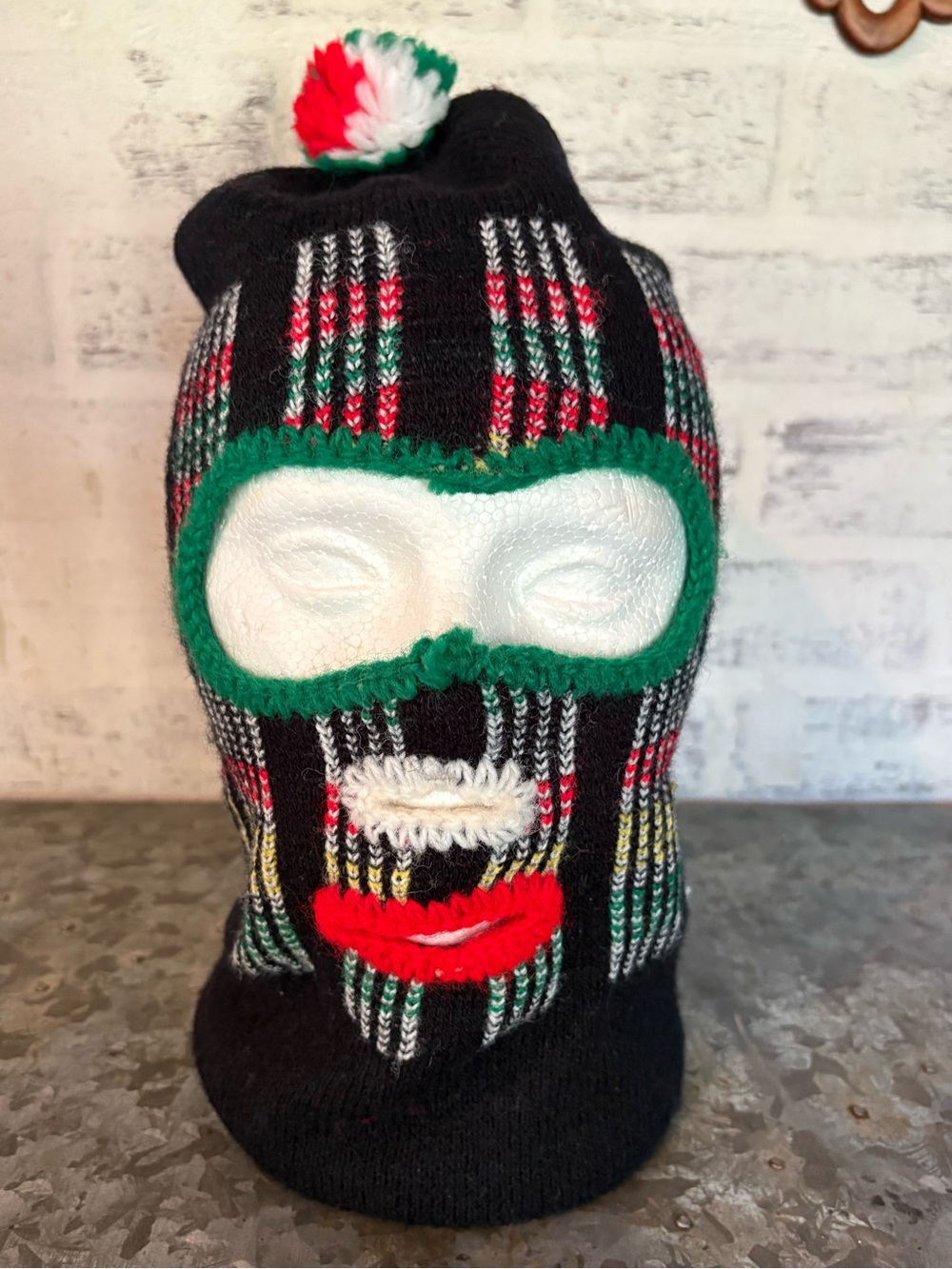 Vintage Black Knit Balaclava Ski Mask with Multicolor Plaid and Red Lips